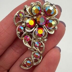 Vintage AB Rhinestone Flower Brooch Silver Tone Floral Spray Pin Unsigned